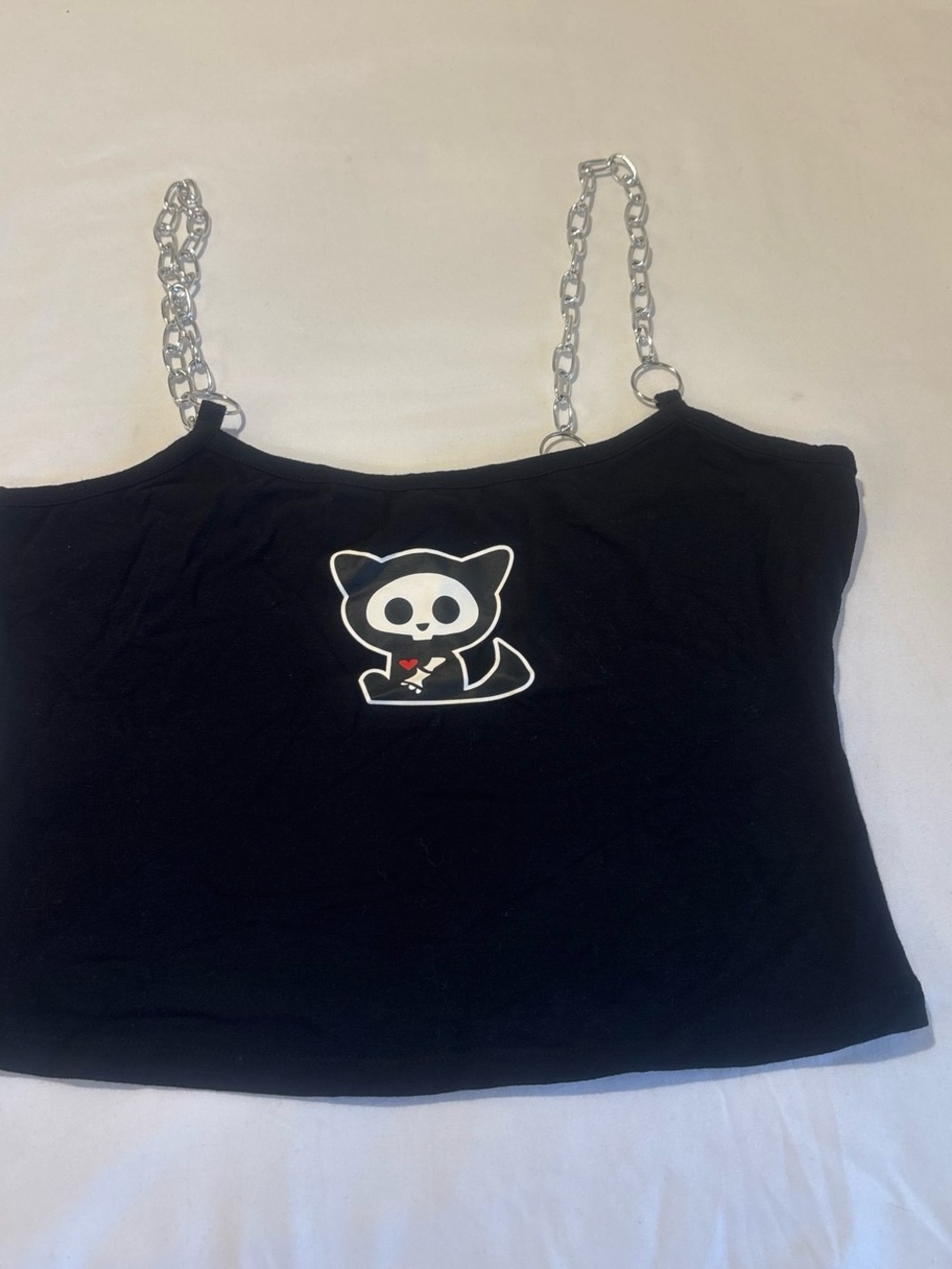 Skelanimals Black Crop Chain Strap Graphic Camisole with Skeleton Cat